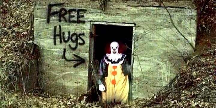 Clown in the woods offering free hugs