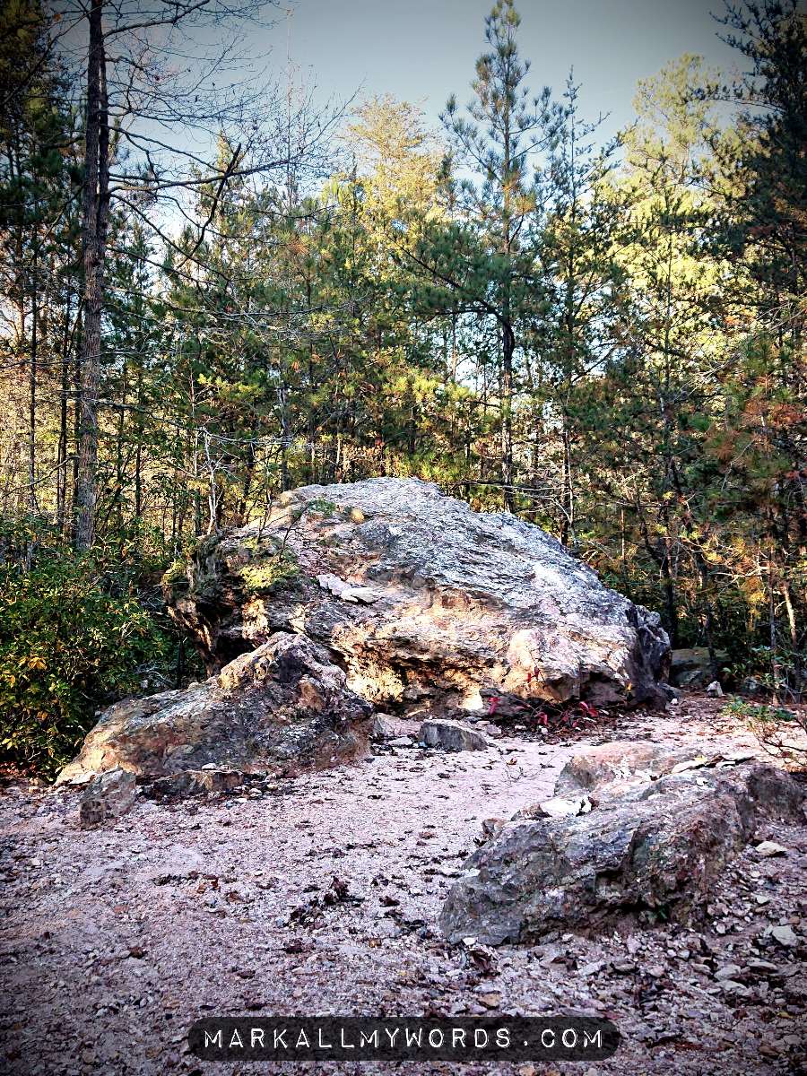 Large boulder coated with white dust